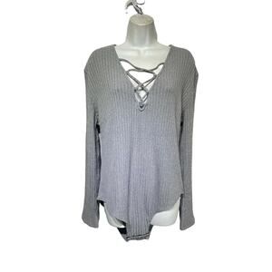 lookbook store gray ribbed Zipper Back Long Sleeve Deep V one piece bodysuit 14